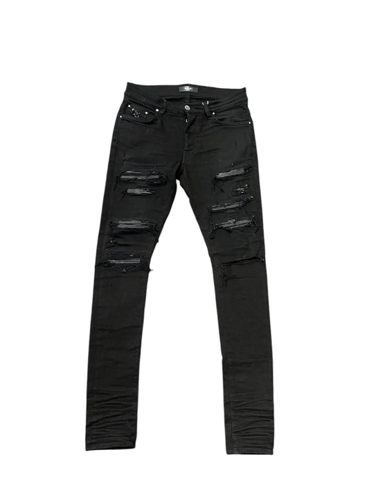 Amiri Leather Thrasher Ripped Black Jeans (PreOwned)